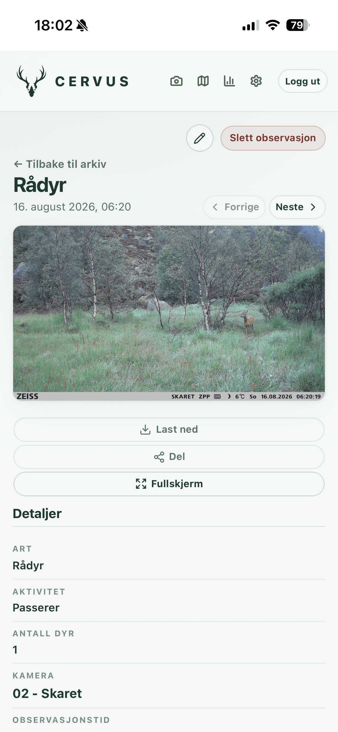 Cervus observasjon på mobil